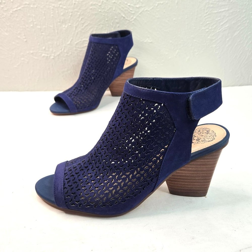 Vince Camuto Navy Perforated Peep-Toe Block Heel Sandals